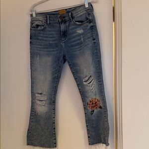 Driftwood Women’s Light Wash Distressed Jeans with Rose Embroidery